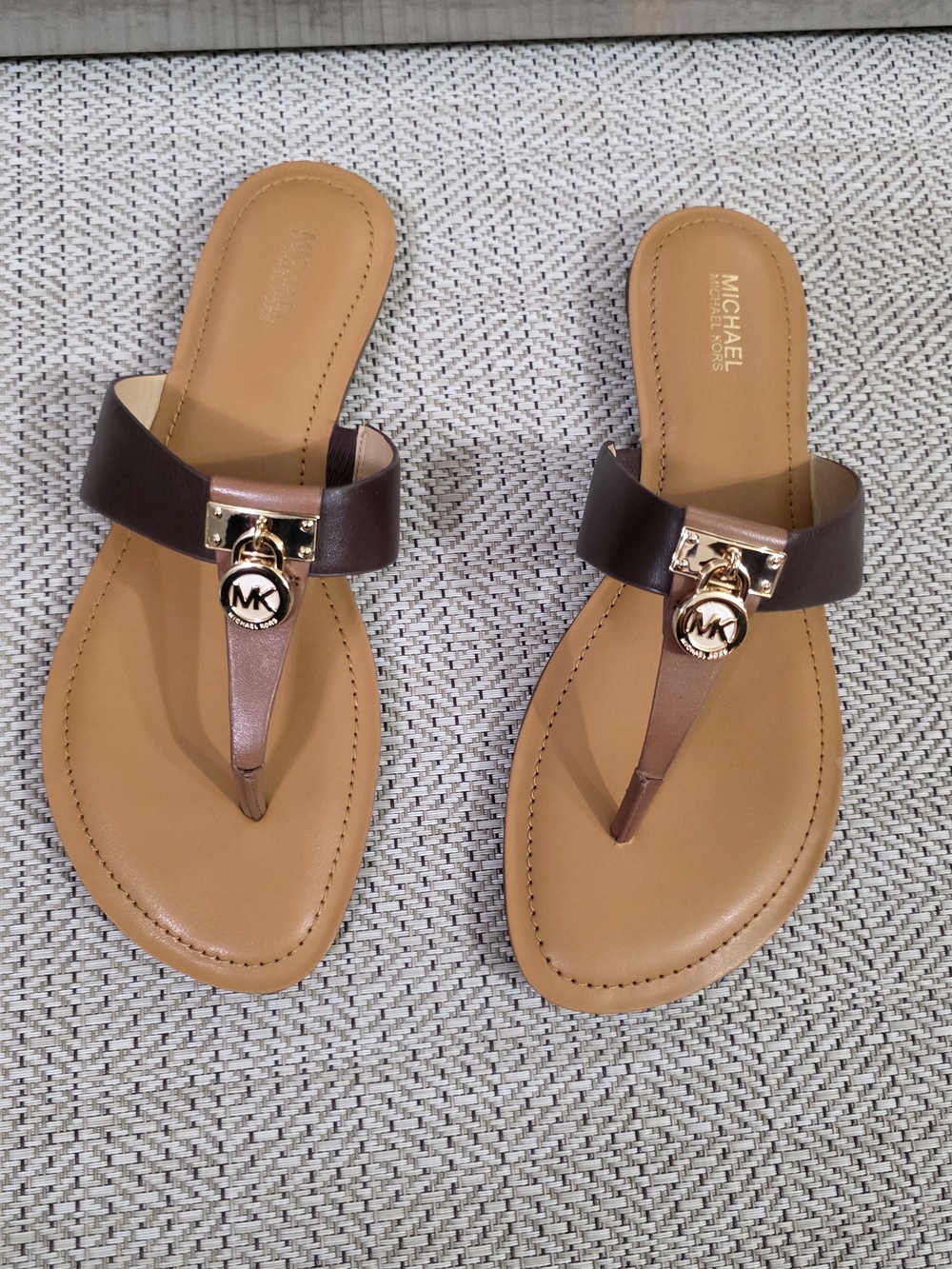 Michael Kors Tan and Brown Leather Logo Thong Sandals